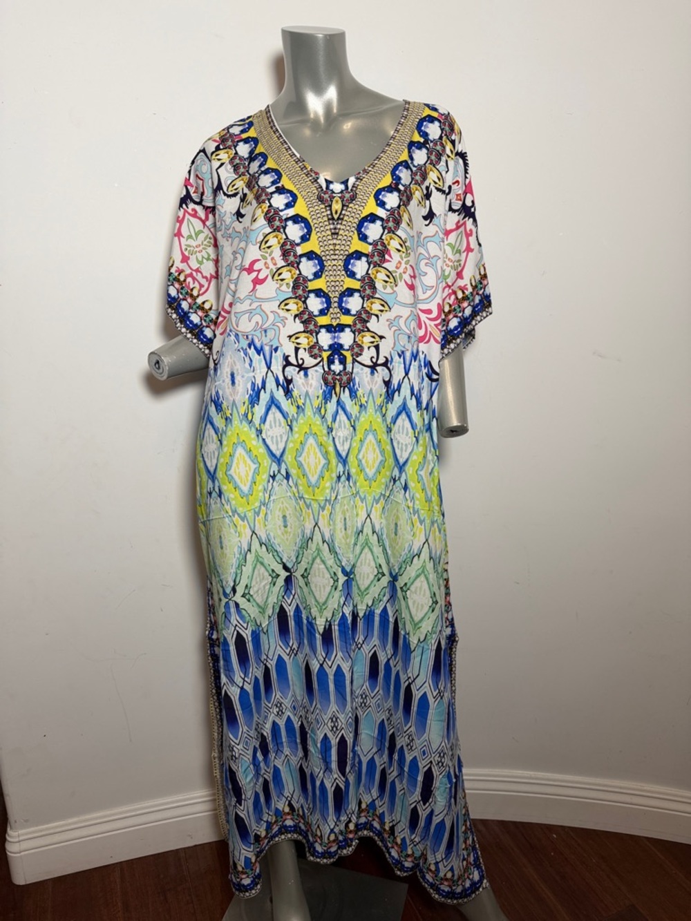Bohemian  Blue Green Yellow  Printed Kaftan Dress Muumuu Maxi Dress Beach Summer